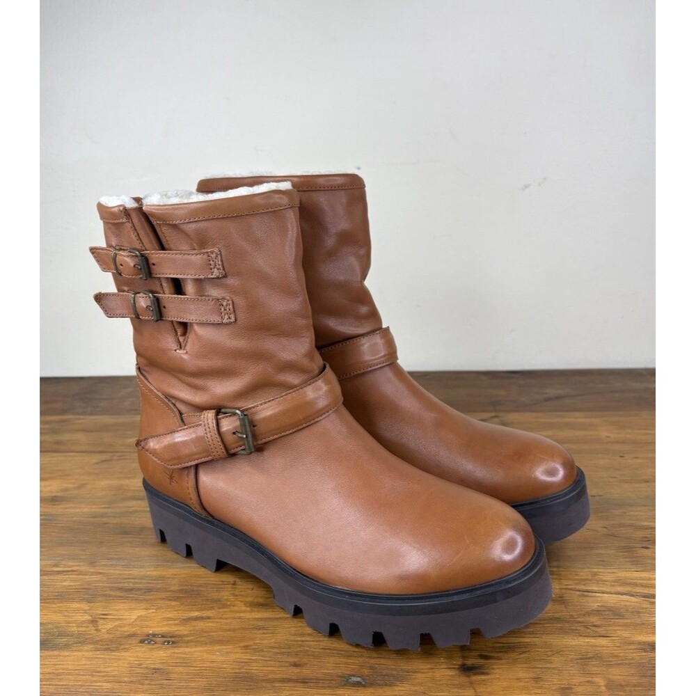 Ross & Snow Lucky Waterproof Cognac Leather Moto Boots Shearling Lined Size 13